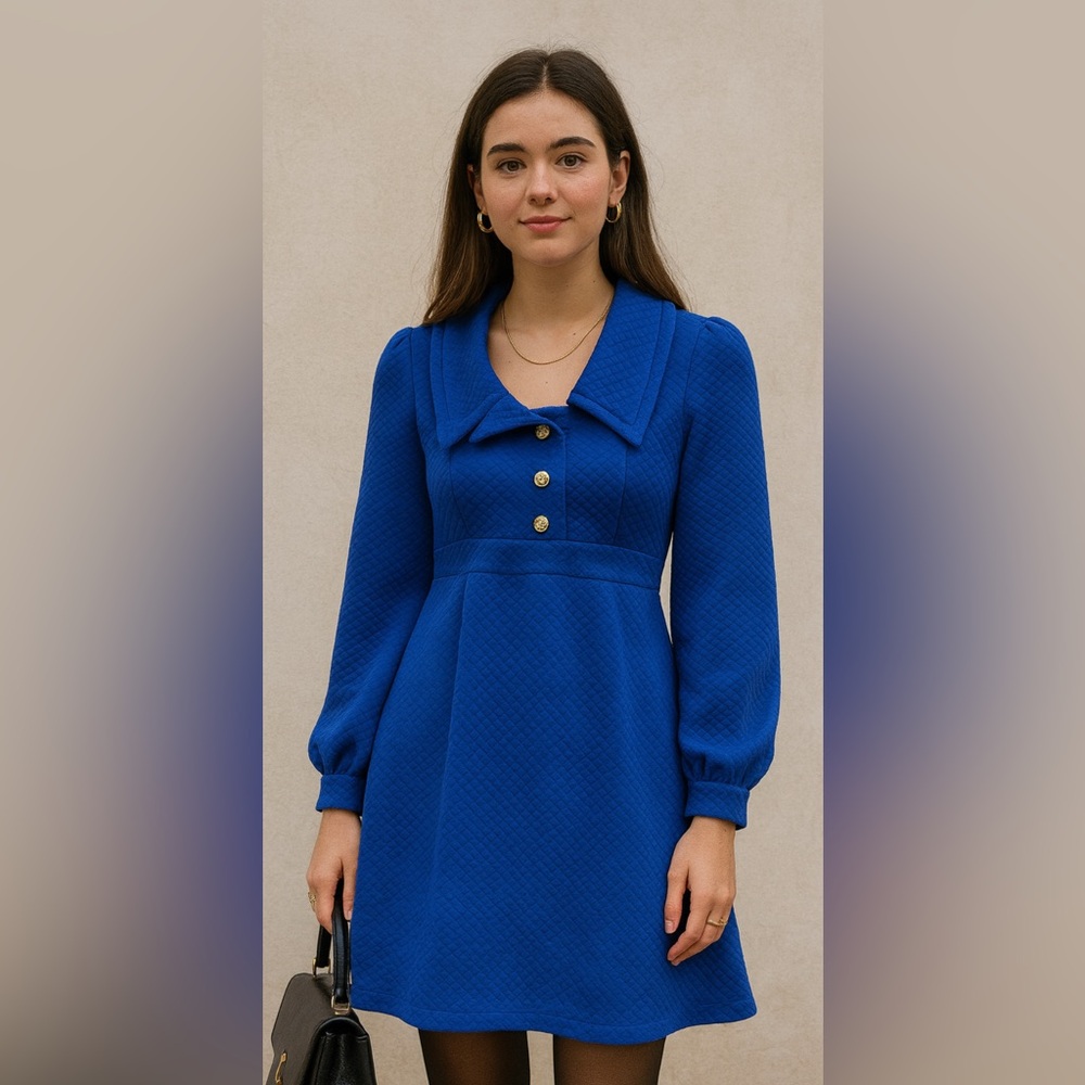 Vintage 1960s I. Magnin Blue Dress VINTAGE SIZE 7 Blue Gold Buttons Deco Mod